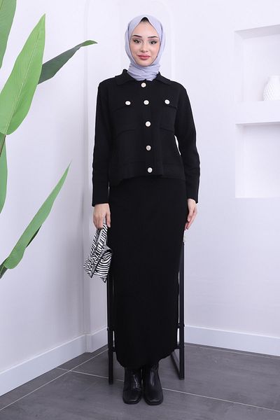 İmajButik Black Crop Cardigan Skirt Knitwear Set