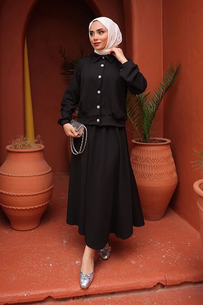 İmajButik Black Button Detailed Skirted Set