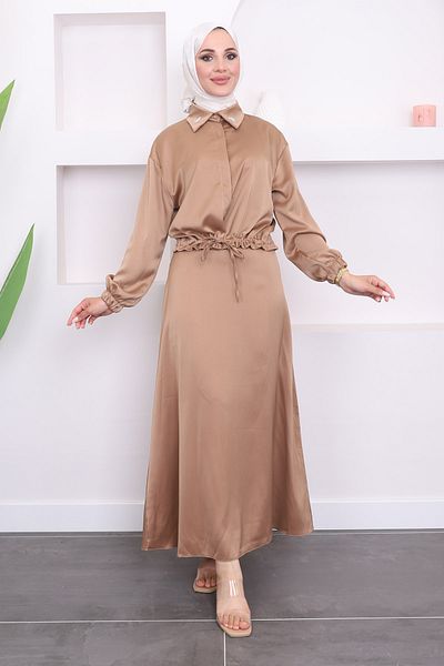 İmajButik Σατέν Σετ - Καμηλό γιακά με βρόχους και κρυφή φούστα