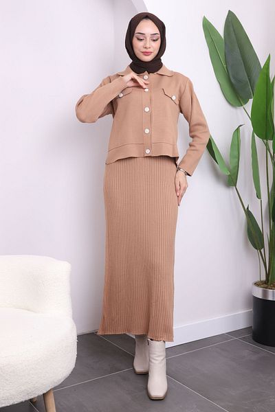 İmajButik Μπισκότο Crop Jacket Φόρεμα Διπλό Συνδυαστικό Πλεκτό Σετ