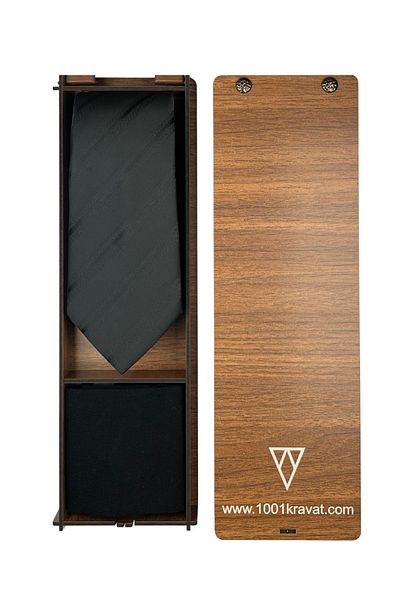 1001 Kravat Men's Gift Set with Wooden Box Classic Black Tie and Socks