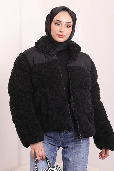 İmajButik Μαύρο βελούδινο κοντό παλτό με τσέπη