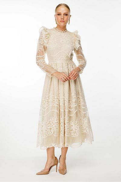 Nefeli Stripe Sleeve Lace Detail Maxi Length Long Sleeve Dress