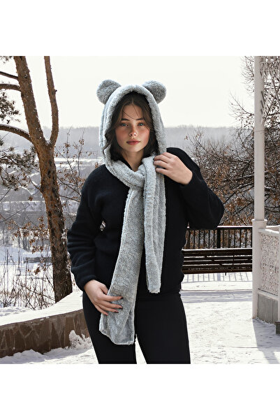 Özgüner Oyuncak Welsoft Plush Hooded Beret - Fleece Neck Collar Shawl - Windproof Hat with Ears