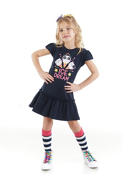 Denokids Marineblaues Sommerkleid aus Baumwolle für Mädchen - Ice Cream Dream