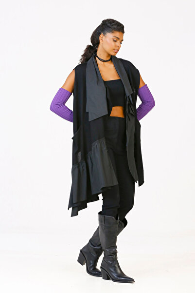 BIZEFASHION Uzun Taftalı Triko Yelek - Siyah