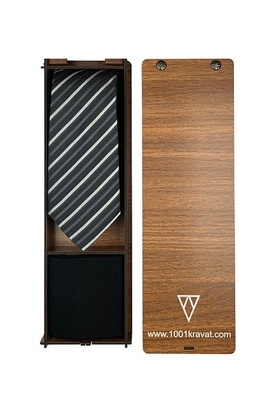 1001 Kravat Men's Gift Set with Wooden Box Classic Black Tie and Socks