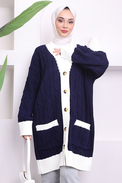 İmajButik Navy Blue Pocket Buttoned Knitwear Cardigan