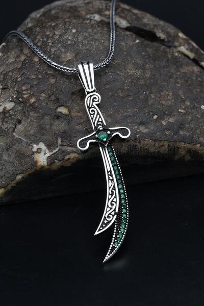 Prestige Hz. Ali ( Zülfikar Kılıcı ) Yeşil Zirkon Taş Süslemeli Erkek Kolye Z...