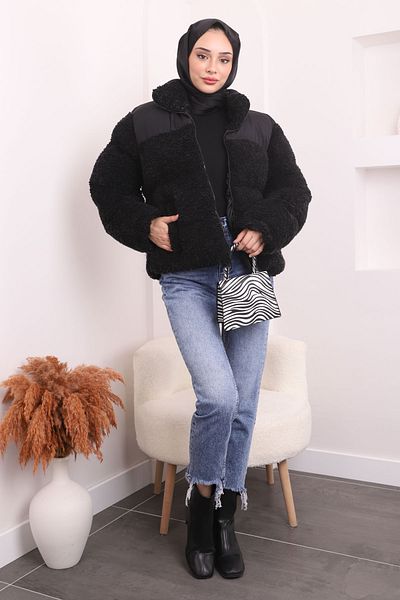 İmajButik Μαύρο βελούδινο κοντό παλτό με τσέπη