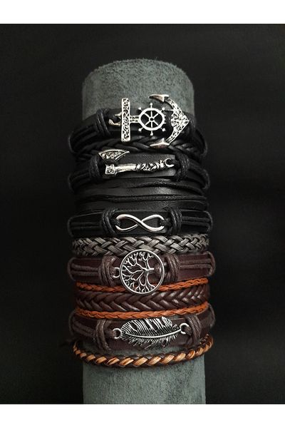 BSN Store 10Pcs Mixed Genuine Leather Bracelet Charm Men's Leather Bracelet