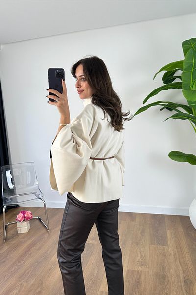 BİRCANÇİL Solna Ecru Button Detailed Poncho Coat