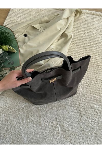 ELFCO Women's Anthracite Suede Leather Hand and Shoulder Bag