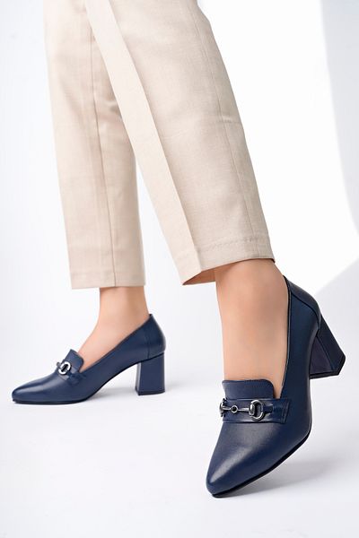 Deripabuc Genuine Leather Navy Blue Women's Heeled Leather Shoes Shn-0956