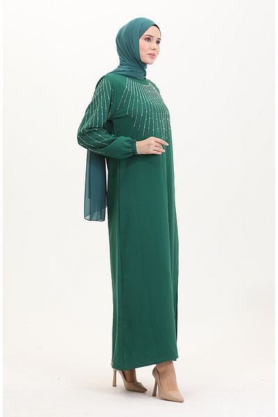 sefamerve Smaragdgrünes Abendkleid mit Steindetails – 0521-05