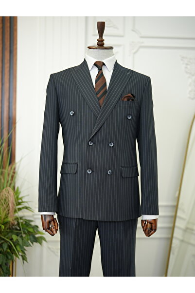 LONATOLİA Erkek Premium Çizgili Kruvaze Takım Elbise İtalyan Stil Slim Fit Ceket Pantolon