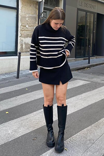 Madmext Black Crew Neck Striped Sweater MG1958