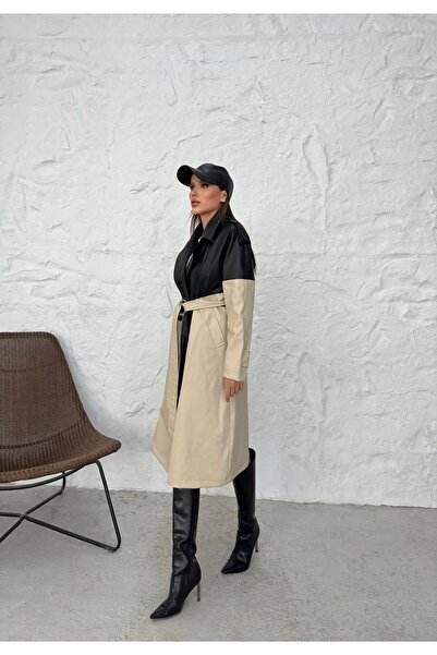 VESS MODA DÁMSKÝ DVOBAREVNÝ DLOUHÝ KOŽENÝ TRENČKOT S VÝSTRAŽNÝM PÁSKEM A VNITŘNÍ VÝSTRAŽNÍ VLOŽKOU