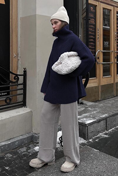 Madmext Sötétkék cipzáras gallérral ellátott, túlméretezett pulóver MG1946