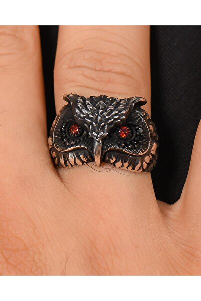 Prestige 925 Ayar Gümüş Yüzük Baykuş Figürlü Kırmızı Zirkon