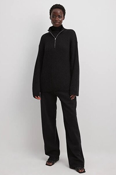 Madmext Pulover de bază cu guler cu fermoar negru MG1960