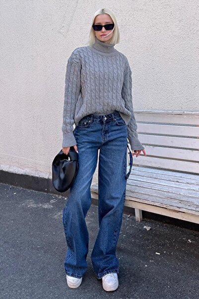 Madmext Turtleneck Gray Textured Women's Sweater - Mg2197