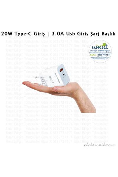 Dramex Çift Çıkışlı PD Şarj Adaptör DPQ20B 20W Type-C Giriş 3.0A Usb Giriş Şarj Başlık iki çıkışlı adaptör