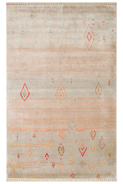 Vog Halı Efsun El Emeği Bej Rengi Lyocell Özel Tezgah Etnik Uşak Desen Saçakl...