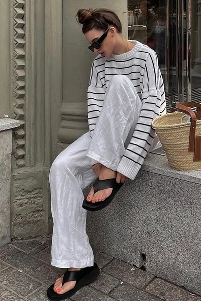 Madmext Knochenfarbener gestreifter Damen-Strickpullover Mg1262