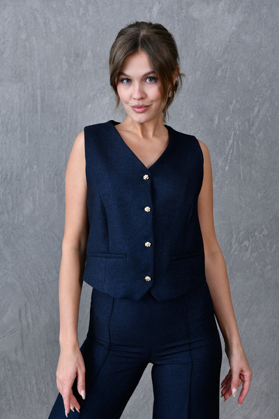 bayansepeti Navy Blue Lined Wool Effect Fabric Vest and Wide Leg High Waist Pants Two-Piece Set 9111