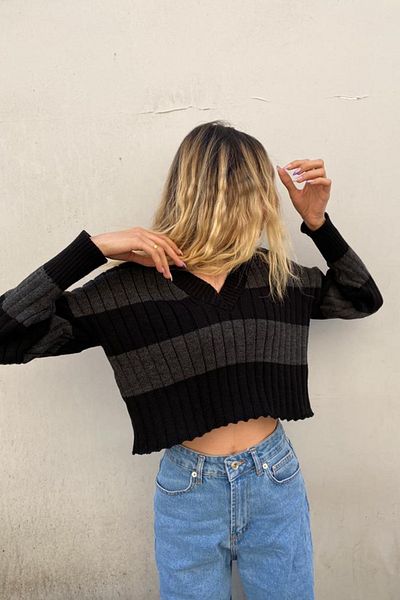 Madmext Anthracite V-Neck Striped Crop Women's Sweater Mg1441
