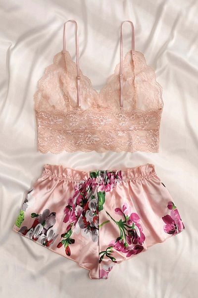 Merry See Spitzen-Bustier-Blumen-BH-Shorts-Pyjama-Set