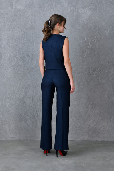 bayansepeti Navy Blue Lined Wool Effect Fabric Vest and Wide Leg High Waist Pants Two-Piece Set 9111