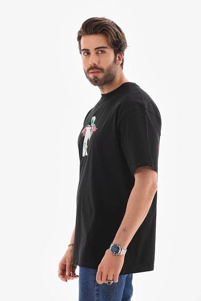 New Shine Μπλουζάκι Unisex Crew Neck Printed Oversize - Μαύρο