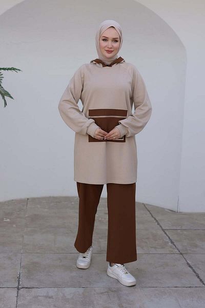 Armine Armine Trend Hooded Sleeves Ribbed Trousers Double Suit-Beige 24Kt625