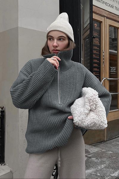 Madmext Anthrazitfarbener Oversize-Pullover mit Reißverschlusskragen MG1946