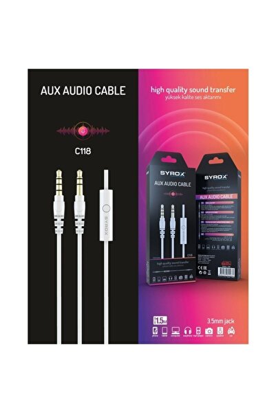 Syrox C118 3.5mm AUX 1.5mt Mikrofonlu Ses Kablosu - Beyaz