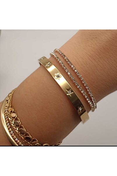 TLSMACCESORIES KELEPÇE ÇELİK BİLEKLİK ZİRKON TAŞLI GOLD