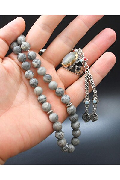 Prestige 33'lük Doğal Jasper Taşlı Tesbih Seti Ve 925 Ayar Gümüş Labradorit T...