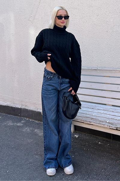 Madmext Pulover de damă cu gât negru texturat - MG2197