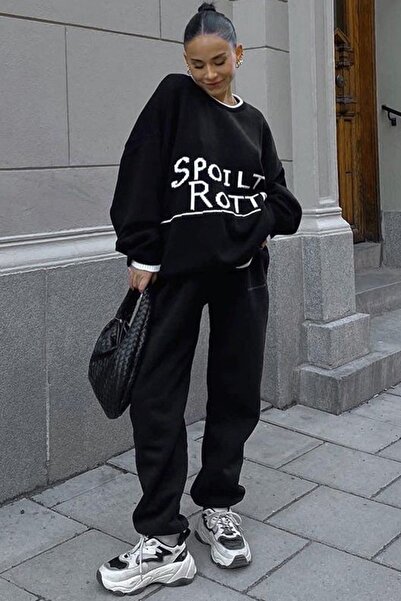 Madmext Pulover de damă negru cu gât supradimensionat scris Mg1596