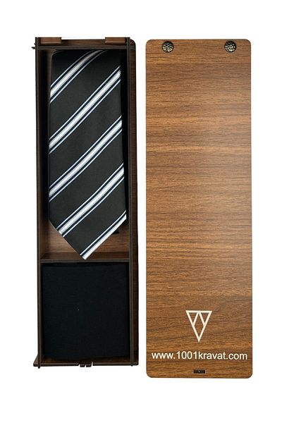 1001 Kravat Men's Gift Set with Wooden Box Black Silk Tie and Bamboo Socks