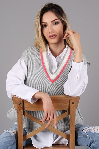 Madmext Gray V-Neck Striped Women's Sweater
