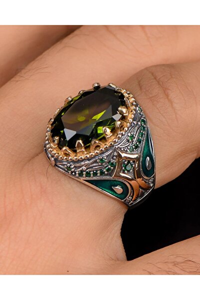 Prestige 925 Ayar Gümüş Erkek Yüzüğü Peridot Taşlı Zirkon Taş Süslemeli