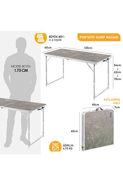 HAEGS Portatif Kamp Masası 3 Yükseklik Ayarlı Katlanır Alüminyum Piknik Masası 120x60 Mermer Desenli