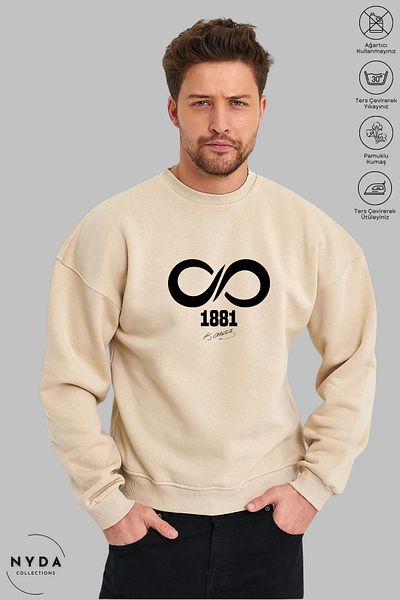 Nyda Collections Unisex μακρυμάνικο Ataturk 1881 Φούτερ με στάμπα με λαιμόκοψη χωρίς κουκούλα
