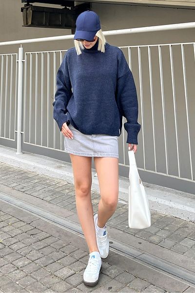 Madmext Pulover de damă albastru bleumarin cu gât - MG2196