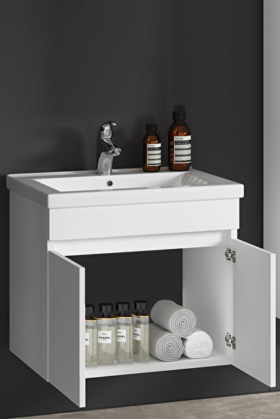 ÖZCEDEN Çiğdem 65 Cm Beyaz MDF Seramik Lavabolu Asma Banyo Alt Dolabı