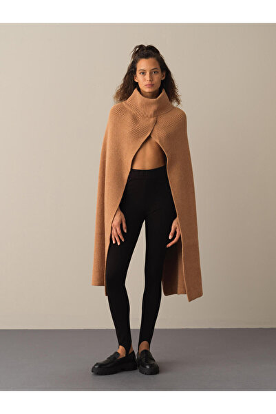 Xint Kadın Camel1 Regular Fit Triko Yün Pelerin