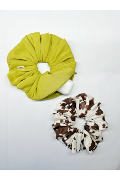 muze scrunchie İkili Set Yeşil Fitilli Fermuarlı Cepli Cüzdanlı Toka ve Desen...
